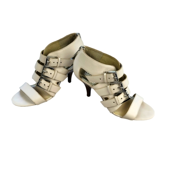 MICHAEL KORS Tripple Buckle‎ Open Toe Leather Pumps Zip Sandals Off White - Picture 13 of 14